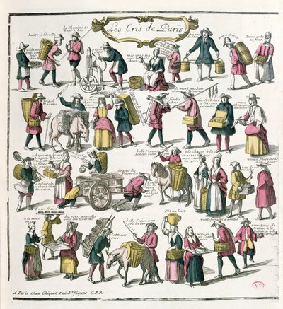 Katukauppiaat Pariisissa, 1600-luvun loppu (värikaiverrus) tekijältä French School