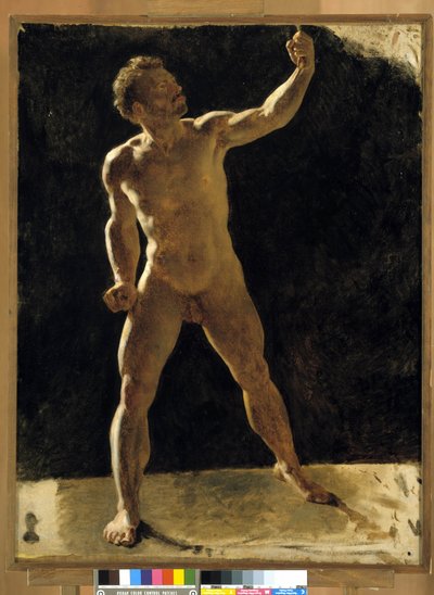 Tutkimus alaston miehestä nostamassa nyrkkiään. Anonyymi maalaus. Musee Granet, Aix en provence tekijältä French School