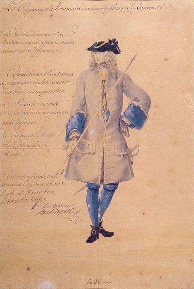 Tutkimus Le Havressa vuonna 1718 asetetun merijalkaväen univormusta (lyijykynä, vartaloväri ja wc ruskealla paperilla) tekijältä French School