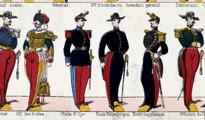 Puvut oppaiden, Saint Cyrin koulun, Polytechniquen ja sovelluskoulun opiskelijoille. Kaiverrus 1800-luvulta. Pariisi, Musee Carnavalet tekijältä French School