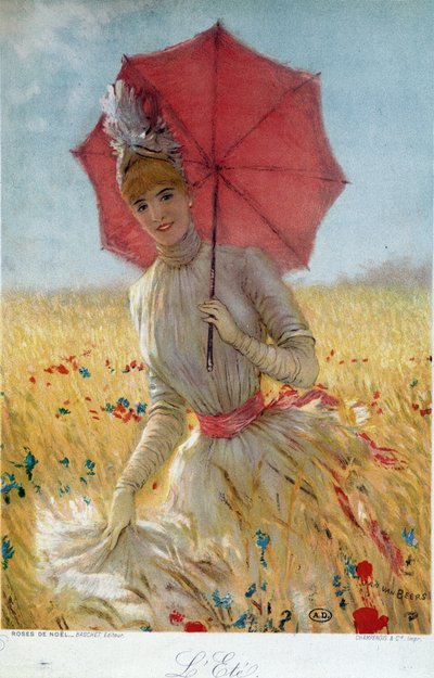 Kesä: nuori nainen sateenvarjo kanssa vehnäpellolla - piirustus, 1800-luvun loppu tekijältä French School