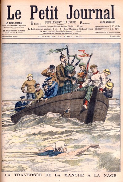 Englannin kanaalin uinti. Englantilainen Jabez Wolffe teki ensimmäisen 22 epäonnistuneesta yrityksestään uida Kanaalin yli. La traversee de la manche a la swim, kirjoittanut Jabez Wolffe (1877-1943) - Kuvitus Le petit Journalille tekijältä French School