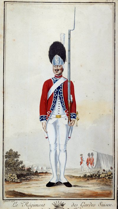 SwissGuard. Kilpi 16 ""Kohde Ludvig XVI:n johtaman ranskalaisten joukkojen sotilaspukuista"" Litografia vuodelta 1779. Mitat 0,23x0,16 m. Pariisi, armeijamuseo tekijältä French School