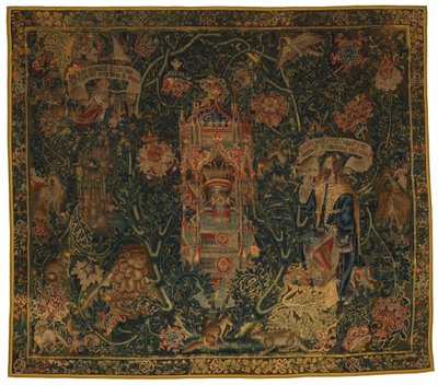 Tapestry, Jumala, Isä ilmestyy Moosekselle (yksi kuudesta Sibylistä, jotka sisältävät 46.134-46.139), nimeltään "Rothamsted Tapestries", valmistettu Flanderissa, Tourneissa tai Brysselissä, Belgiassa, noin 1530 (villa) tekijältä French School