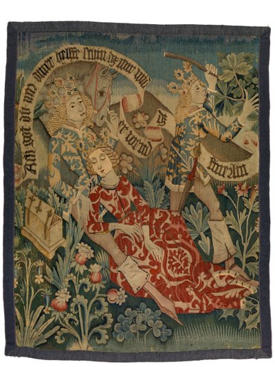 Kuvakudos, joka kuvaa kahta kohtausta Der Busantin "Härra" -elokuvasta, Alsace, n. 1475-1500 (villa-, silkki- ja metallilangat) tekijältä French School