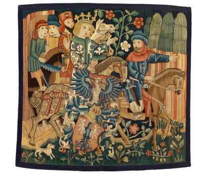 Kuvakudos, jossa on Ranskan kuningatar ja epälojaali marsalkka, kuvaa keskikorkeaa saksalaista runoa "Die Konigin von Frankreich..... Marshall", mahdollisesti Strasbourgista, n. 1495-1500 (villaa ja pellavaa) tekijältä French School