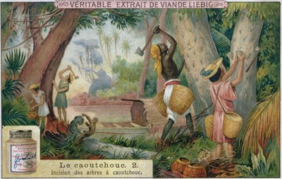 Kumipuiden koputtaminen, mainoskortti Veritable Extrait de Viande Liebigille, 1800-luvun loppu tekijältä French School