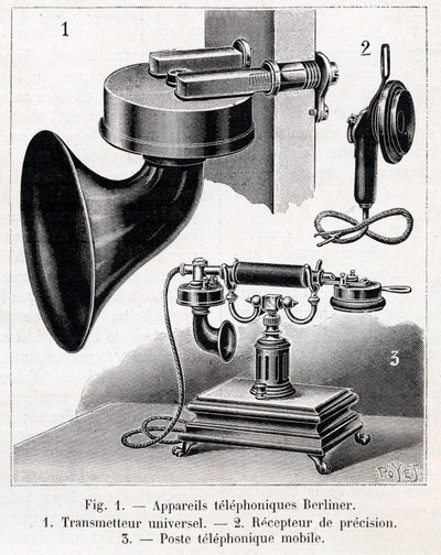 Puhelinlaite - Berliner System - kaiverrus "" La nature"" vuodelta 1902 tekijältä French School