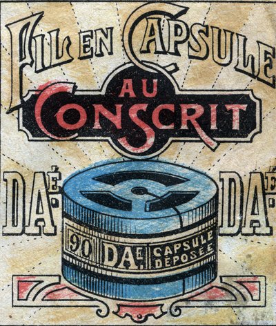Tèxtil, lli. Càpsula per utilitzar fils de cosir Dae. Gravat. Imatge epinal de finals del segle XIX.finès tekijältä French School