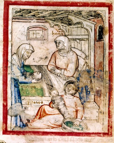 Thamar (Tamar) synnyttää kaksi kaksoset, Peretsin ja Zerahin, Juudan pojan. Miniatyyri koodista 212 (tai padovano-koodeksi tai Padovan Raamattu) 1390-1400 tekijältä French School