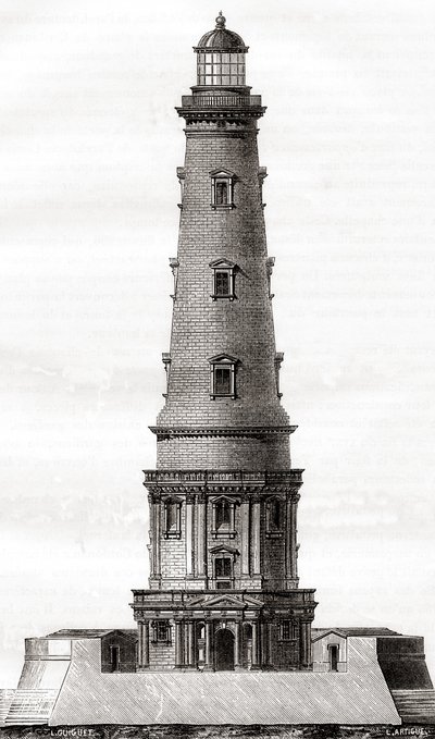 1600-luvun Cordouanin majakka lähellä Gironden suistoa Ranskassa, nähty täällä 1700-luvun laajennuksen jälkeen, Les Merveilles de la Sciencesta, julkaistu n. 1870 (kaiverrus) tekijältä French School