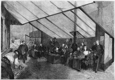 The 1872 Salon: maalauslautakunnan istunto. Oikealta vasemmalle ovat Meissonnier, Ph. Rousseau, Breton, G. Boulanger, Robert Fleury (Robert-Fleury), Fromentin, Jalabert, Mazerolles, Brion, Bonnat, Baudry, Dubuffe, Delauney, Cabat. Kaiverrus "" Le tekijältä French School