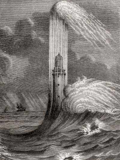 John Rudyardin rakentama 1700-luvun Eddystonen majakka, Eddystone Rocksissa lähellä Rame Headia, Englannissa, Les Merveilles de la Science -julkaisusta, julkaistu n. 1870 (kaiverrus) tekijältä French School