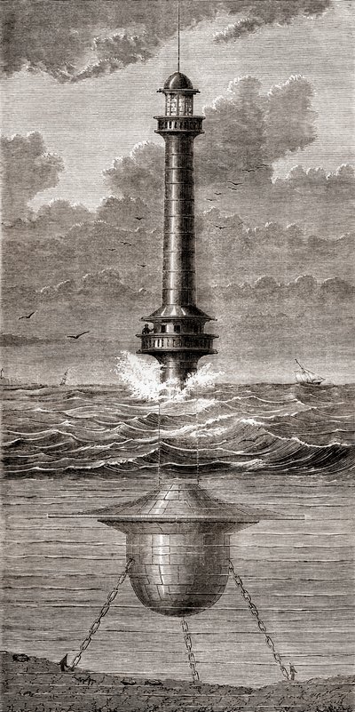 1800-luvun kelluva majakka, joka on sijoitettu Englannin Liverpoolin sataman sisäänkäynnille, julkaisusta "Les Merveilles de la Science", julkaistu noin 1870 (kaiverrus) tekijältä French School