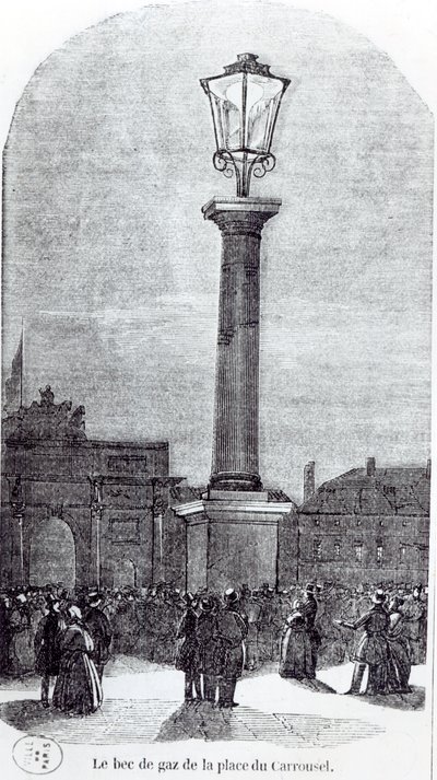 Ensimmäinen kaasulamppu Pariisissa Place du Carrouselissa vuonna 1818 tekijältä French School