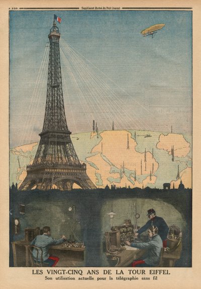 Eiffel-tornin 25. vuosipäivä, jota käytetään nyt langattomassa lennätyksessä, takakannen kuvitus Le Petit Journalista, liitekuva, 19. huhtikuuta 1914 tekijältä French School