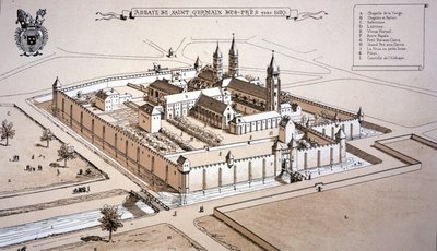Saint-Germain-des-Présin luostari n. 1520 (värinen kaiverrus) tekijältä French School