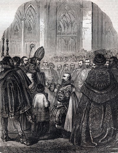 Henry IV:n Ranskan kuninkaan abjuraatio Saint Denisissä 25. heinäkuuta tekijältä French School