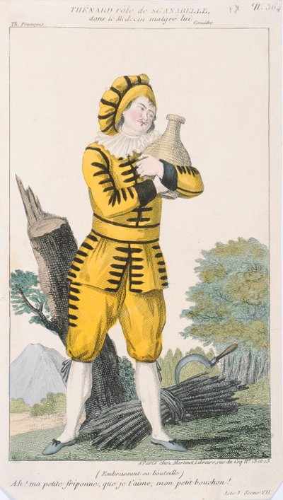 Näyttelijä Thenard Sganarellen roolissa näytelmässä Le Medecin Malgre Lui, tuotettu Pariisissa Comedie Francaisessa, 1800-luvun alussa tekijältä French School