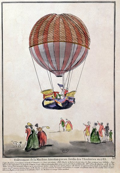 Ascent of the Aerostat in Jardin des Tuileries, 1. joulukuuta 1783 (kynä ja muste ja wc paperilla) tekijältä French School