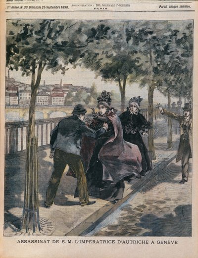 Itävallan keisarinna Elizabethin (1837-1898) salamurha Genevessä, LAnnee Illustreen etukansi, 25. syyskuuta 1898 (värikaiverrus) tekijältä French School