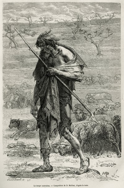 Australianpaimen, kaiverrettu D.Maillartin piirustuksen jälkeen havainnollistamaan tarinaa kuuden kuukauden ajan Australiassa, Desire Charnay, julkisen koulutuksen ministeriön lähetystyö, vuonna 1878, julkaistiin tour du mondessa, johdolla E tekijältä French School