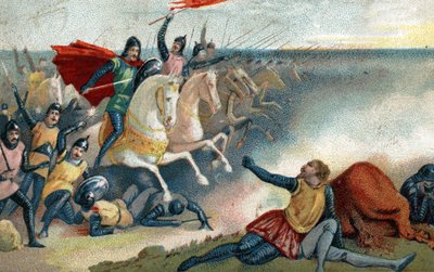 Hastingsin taistelu 14.10.1066 Harold II:n saksien ja Norman Armeen (William I Conquerant) välillä. 1800-luvun lopun kromolitografia. tekijältä French School