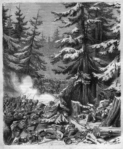 Hohenlindenin taistelu (lähellä Müncheniä, Saksa) 12. Frimaire, IX (3. joulukuuta 1800) kenraali Jean Victor (Jean-Victor) Moreaun ranskalaisten joukkojen ja arkkiherttua Jean-Baptisten (Jean-Baptiste) komentamien Itävallan ja Baijerin joukkojen välillä )  tekijältä French School