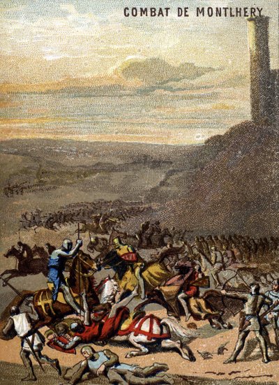 Montlheryn taistelu (1227): Valtakunnat ja feodaalit - Blanche de Castille, hänen poikansa Louis IX:n hallitsija, hillitsi suuren feodaalin kapinan. Kromolitografia sarjasta "" Isänmaallinen kasvatus kuvan kautta"". tekijältä French School