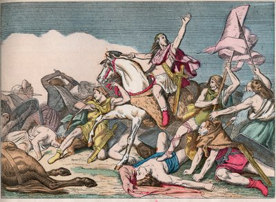 Tolbiacin taistelu, Clovisin voitto (466-511) alamaaneista (496) - Clovis I (466-511) Tolbiacin taistelussa, 496 jKr. - Kaiverrus 1800-luvun lopusta "" Nos Gires Nationales -kirjaan - Kuvat ja lausunnot"" tekijältä French School