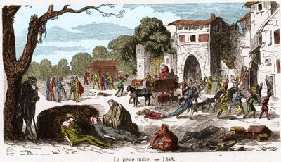 Musta rutto vuonna 1348. Kaiverrus teokseen "Histoire De France En Cent Paintings by Paul Lehugeur" 1891. tekijältä French School