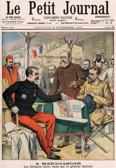 Kenraali Joseph Simon Gallieni (1849-1916) vastaanotti buurien valtuuskunnan Madagaskarilla, Le Petit Journalin väriliitteen kansi nro 625, 9. marraskuuta 1902 tekijältä French School