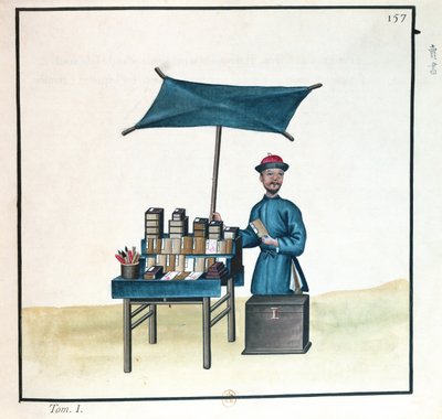 Kirjamyyjä, kirjasta Pekingin katupuhelut, n. 1785 (wc ja guassi paperilla) tekijältä French School