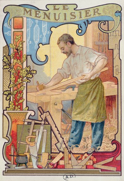 The Carpenter, kuvitus käsitöitä käsittelevästä kirjasta, n. 1899 tekijältä French School