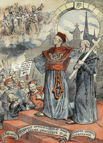 Kiinan keisari Guangxu (Kouang-siu tai Kouang Siu) (1872-1908) tunnusti virallisesti katolisen kirkon ja sen hierarkian. Kaiverrus kirjassa "" Le Pelerin"" 25/05/1899. tekijältä French School