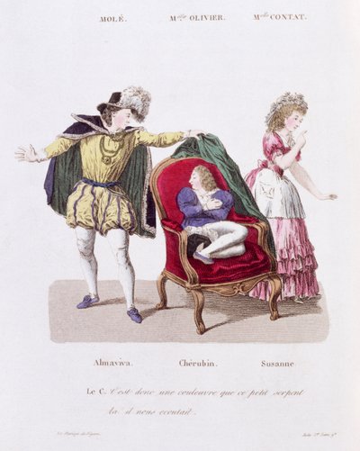 Kreivi löytää Cherubinin, Pierre Augustin Caron de Beamarchaisin (1732-99) Figaron häät 9. kohtaus tekijältä French School