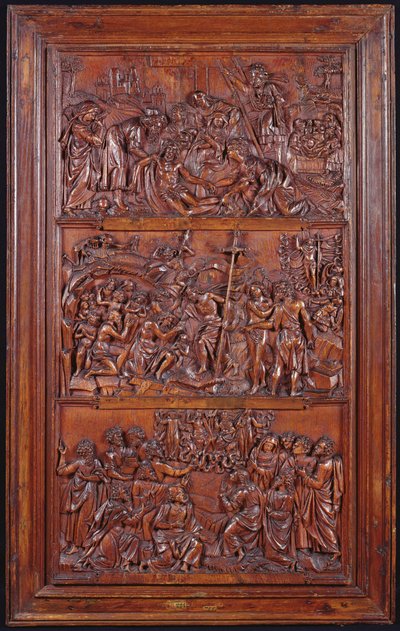 The Credo, Panel II: Laskeutuminen ristiltä, hautaus, ylösnousemus ja laskeutuminen Limboon ja taivaaseen, 1587 (puu) (katso myös 414036, 4140389) tekijältä French School