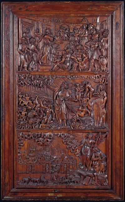 Credo, Paneeli IV: Syntien anteeksisaaminen, Hesekielin visio kuivista luista ja Pyhän Johanneksen näky Jerusalemista, 1587 (puu) (katso myös 414036-8) tekijältä French School