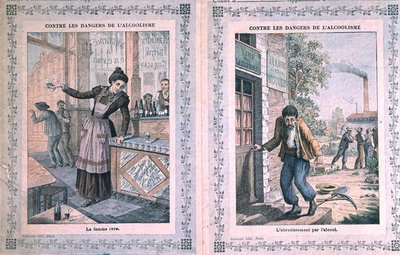 Alkoholismin vaarat, koulun harjoituskirjan kansi. noin 1900 (väri litho) tekijältä French School