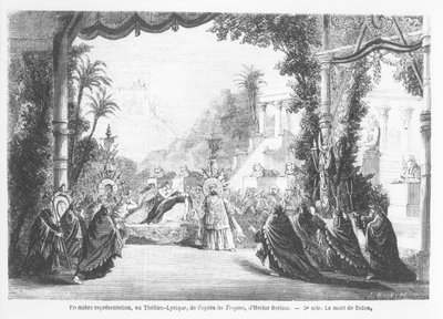 Didon kuolema, Hector Berliozin (1803-69) Les Troyensin ensiesitys Theatre Lyriquessa, Pariisissa, Le Monde Illustresta, 14.11.1863 tekijältä French School