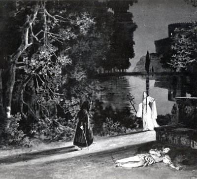 Pelleasin kuolema, IV näytös, Debussyn Pelleas et Melisande 4. kohtaus valokuvasta Pariisin Opera-Comiquen oopperan ensimmäisestä tuotannosta huhtikuussa 1902, kuvitus Theater m:ssä tekijältä French School
