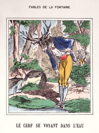 Hirvi näkemässä itsensä vedessä, Fables de La Fontainen (värikaiverrus) tekijältä French School