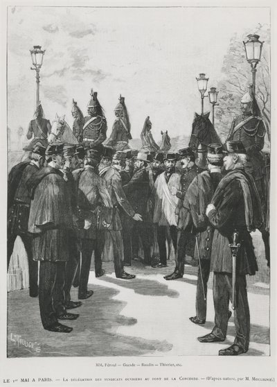 Ammattiyhdistysten valtuuskunta Pont de la Concordessa 1. toukokuuta Pariisissa pidetyssä mielenosoituksen aikana 1. toukokuuta 1890, kaiverrus L. Moulignie, rengraavi) tekijältä French School