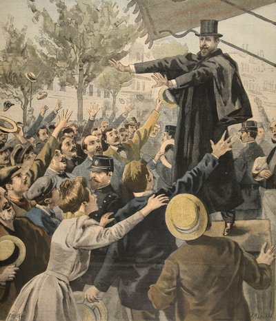 Derouleden kokous: uloskäynnissä, kuva Le Petit Journalista: Supplement illustre, 9. lokakuuta 1898 tekijältä French School