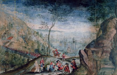 Karrerin sveitsiläisen rykmentin 50 sotilaan laskeutuminen maihin Louisbourgissa Cap-Bretonin saarella vuosina 1722-33 (wc paperilla) tekijältä French School