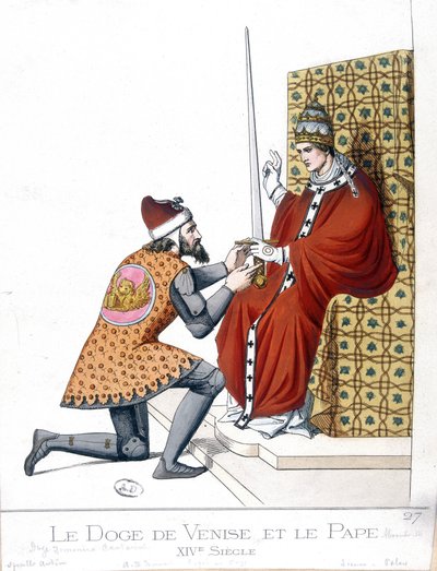 Venetsian doge ja paavi 1300-luvulla - kaiverrus tekijältä French School
