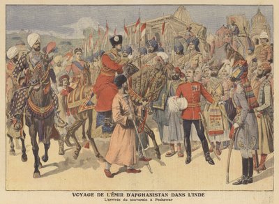 Afganistanin emiiri saapuu Peshawariin Intian-vierailullaan (värilitografia). tekijältä French School