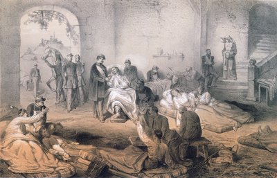 Keisari Napoleon III vierailee haavoittuneiden sotilaiden luona Solferinon taistelun jälkeen, 24. kesäkuuta 1859 tekijältä French School