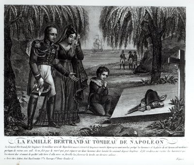 Kenraali Henri-Gratien Bertrandin (1773-1844) perhe Napoleon Bonaparten (1769-1821) haudalla 1821 (litho) (bw kuva) tekijältä French School