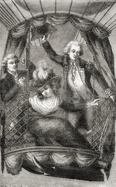 Ensimmäinen ilmapallon nousu Englannissa, 15. syyskuuta 1784, Fulgence Marionin teoksesta Wonderful Balloon Ascents or the Conquest of the Skies, julkaistu n. 1870 (litho) tekijältä French School